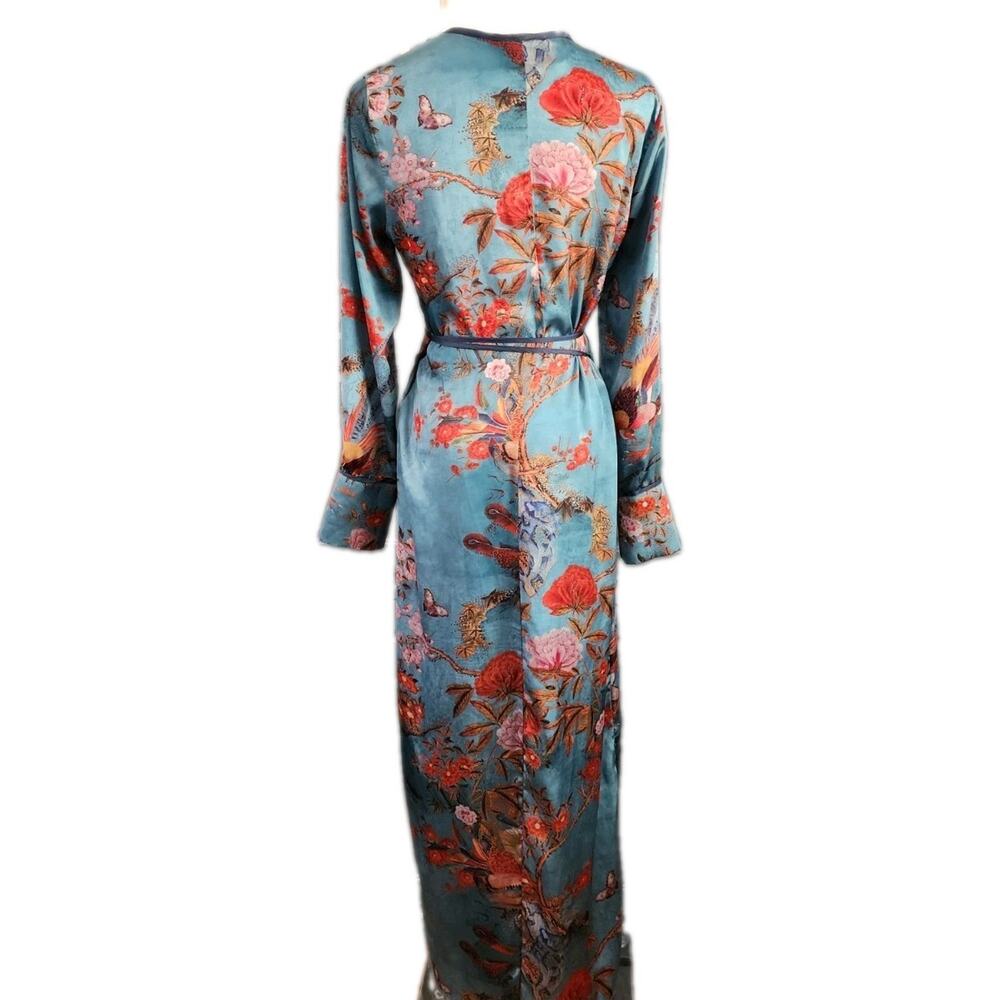 ZARA Teal Asian Inspired Kimono Long Wrap Duster Size Small 2740/745 - Picture 5 of 8